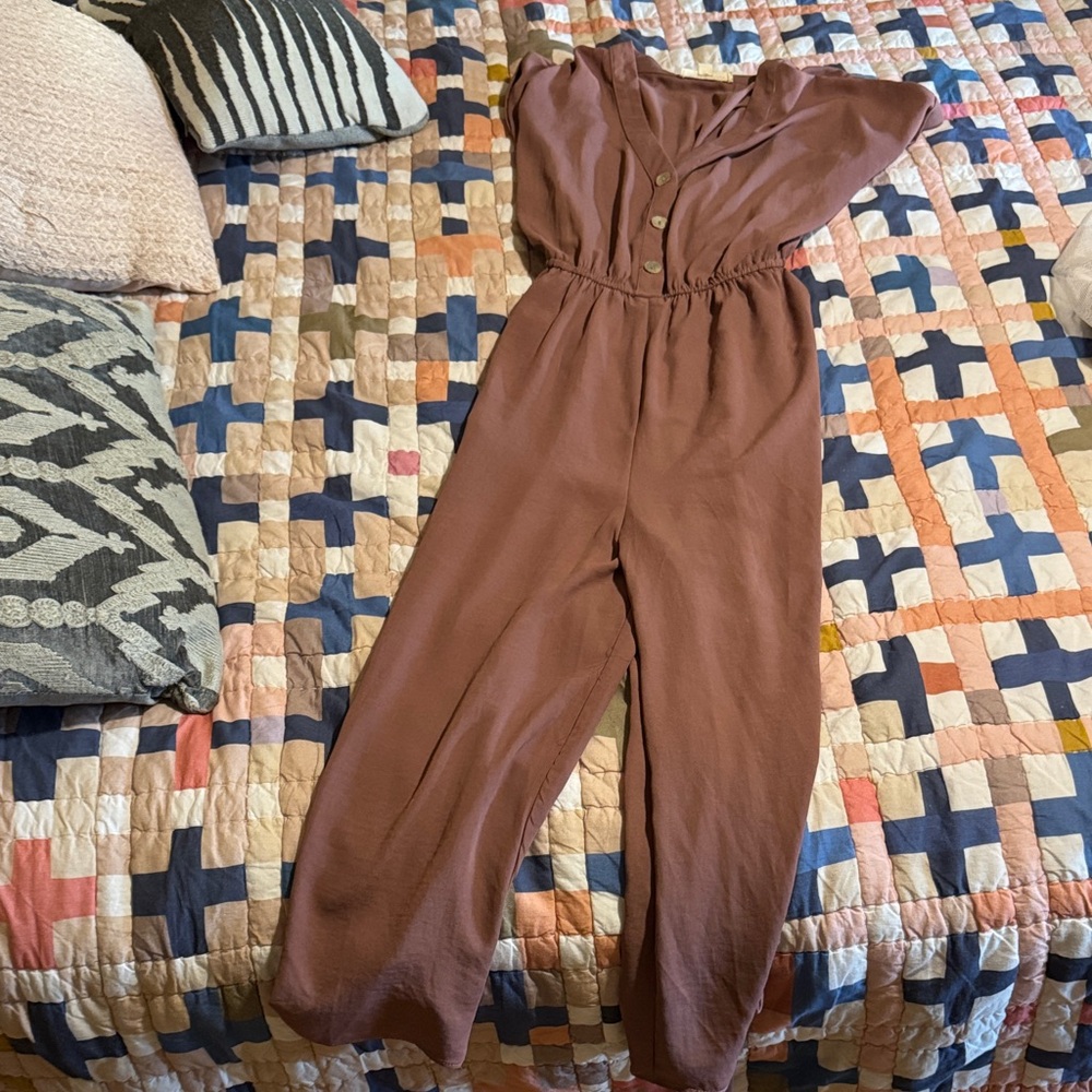 Womens Mauve Button-Front Jumpsuit with Elastic Waist-Vine & Love- large